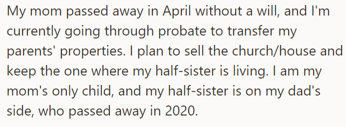 The OP explained he is in the middle of probate proceedings to transfer ownership of his parents' properties: