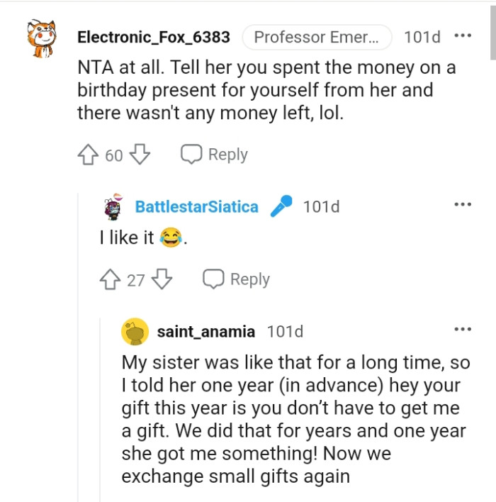 Telling her the money was spent on a personal birthday present