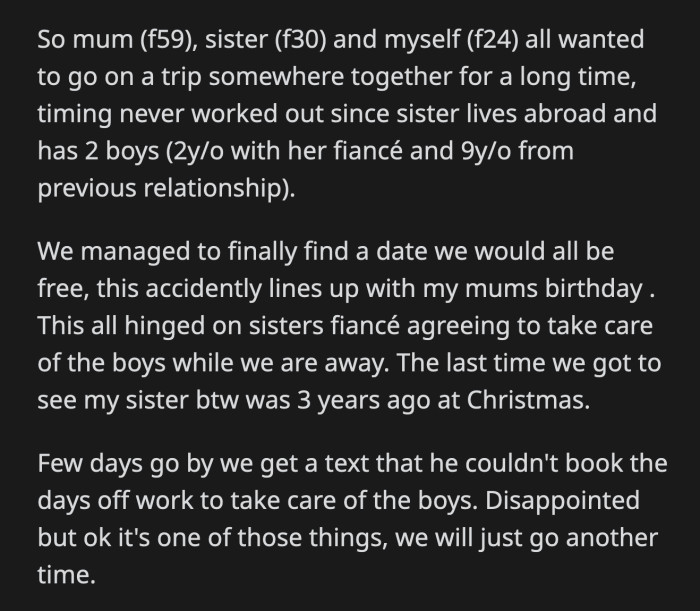 OP's sister was angry that they would do this to her. She said they can't go on the trip.