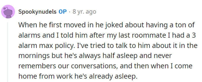 His response seems like a playful challenge to her 3-alarm limit, and the recurring amnesia about morning talks calls for a new 