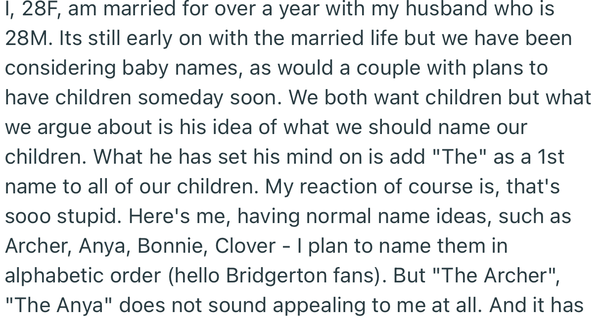 Apparently, OP’s Husband Wants Them to Add “The” as a First Name to All Their Kids