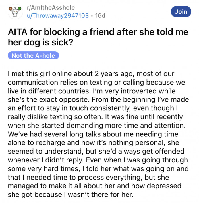 The Reddit user recently shared a story about having to take a break from a friend who refused to respect her boundaries.
