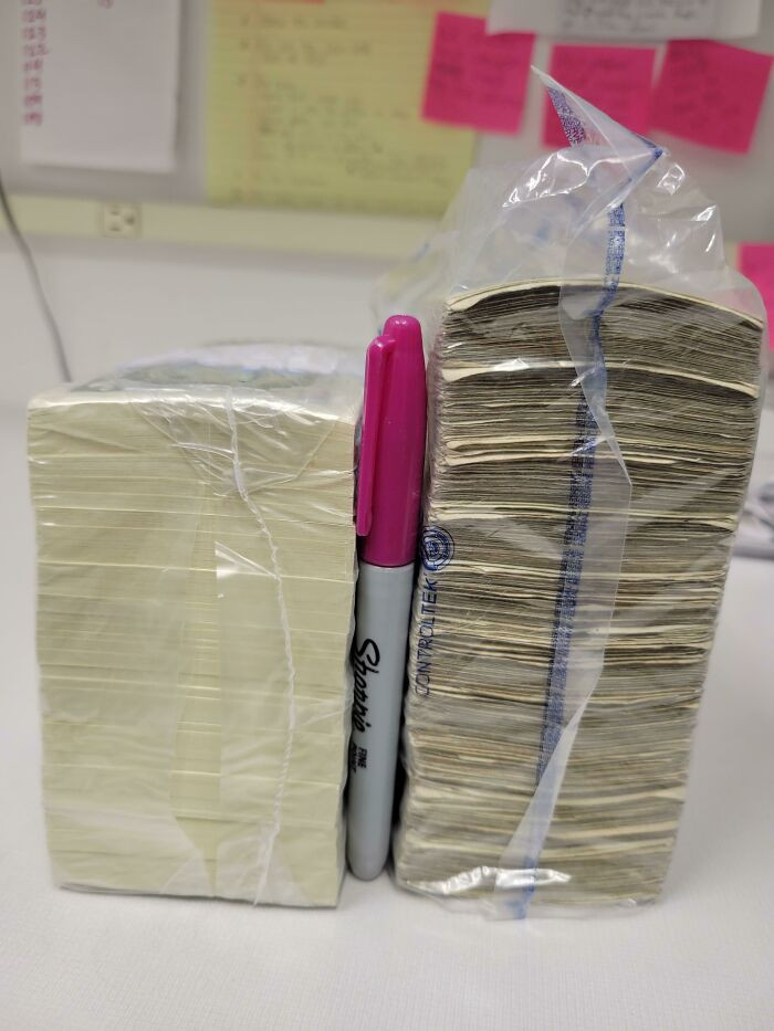 "$1000 Of Brand New vs. Circulated $1 Bills. Sharpie For Scale"