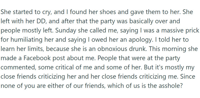 As the evening progressed and the influence of alcohol grew stronger, a female partygoer, also considerably intoxicated, made a thoughtless remark concerning the blind friend's mother.