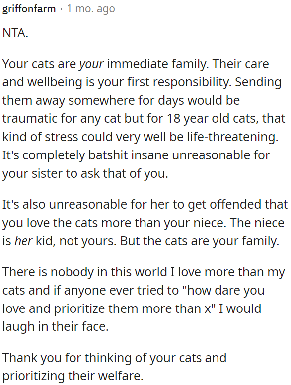 It's unreasonable for OP's sister to expect OP to send them away, especially considering the stress it could cause, particularly for elderly cats.