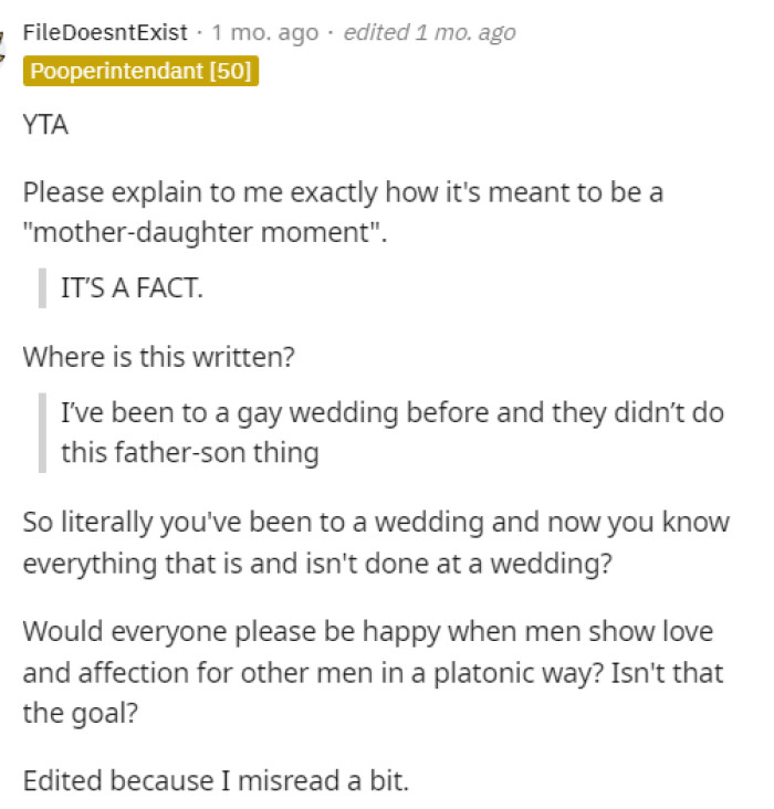 This person told her that she's being ridiculous for saying that she knows this is a fact just based on her own experiences at different weddings.