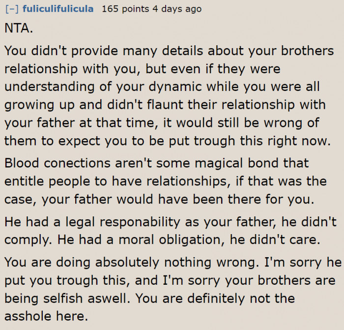 The OP has no obligation to her father because he never complied with his legal obligation and never cared about his moral obligation.