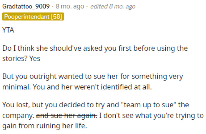 People believe that the lawsuit was overly intense and that she shouldn't have sued her own partner over this, especially after causing her to lose her job on top of all the trauma.