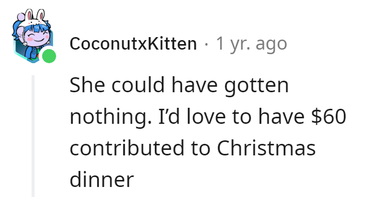 Someone should tell her that even Santa's elves would appreciate a $60 feast!