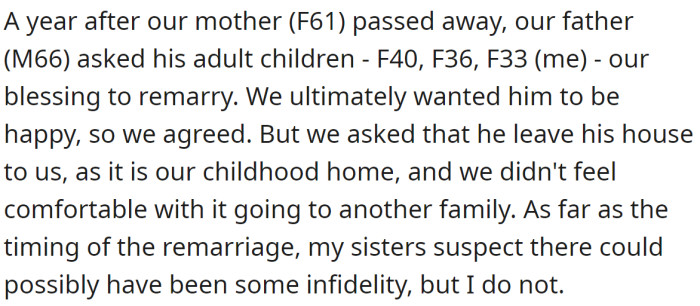 The OP explained that their father remarried and agreed he would leave the house solely to them: