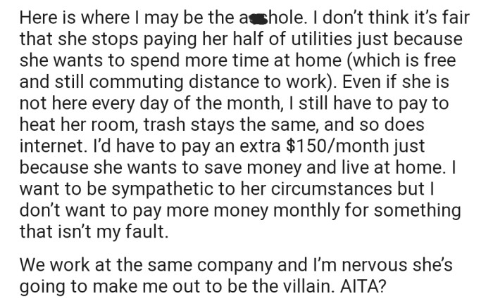 OP isn't prepared to pay more money monthly for something that isn’t her fault