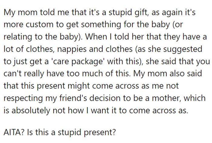 Mom told OP that this unconventional baby shower gift might not be accepted well