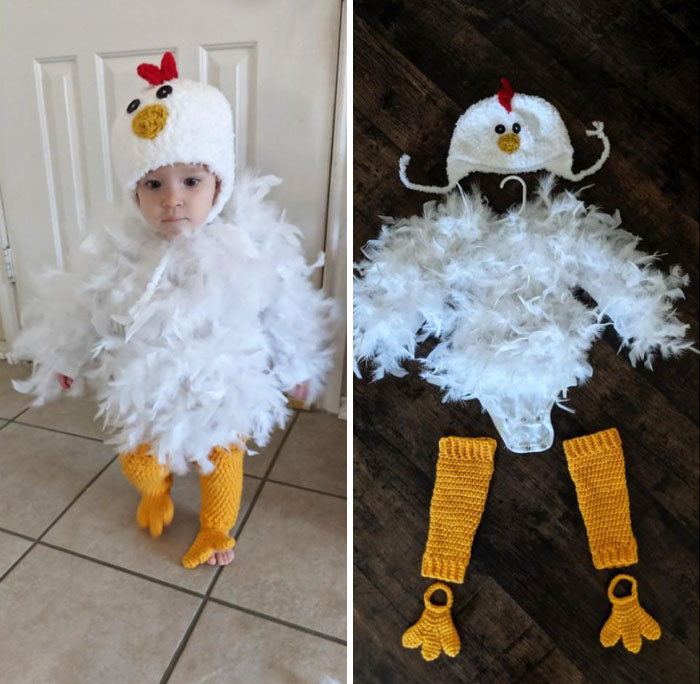 32. I Finished My Daughter's Halloween Costume With A Crochet Chicken Hat, Leg Warmers, And Chicken Feet