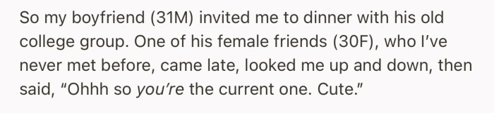 OP went for a dinner that her boyfriend had invited her to, only to be met with a derogatory comment from one of his friends