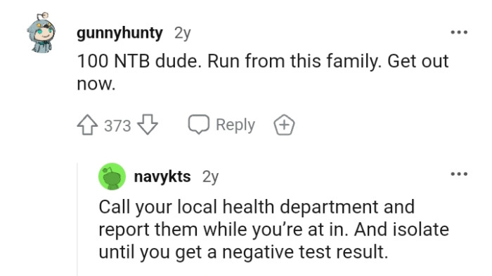 Calling the local health department and reporting the girlfriend's family