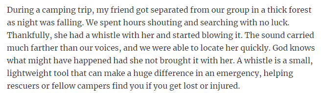 9. Always take a whistle when hiking or camping.