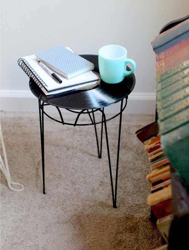 Create a funky side table using a vinyl record.