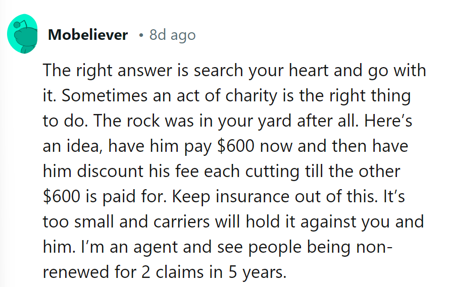 Rock in yard, glass gets scarred. Pay $600, rest in trims. Insurance out, goodwill wins.