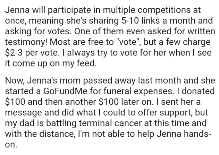 Jenna's mom passed away last month, and she started a GoFundMe for funeral expenses