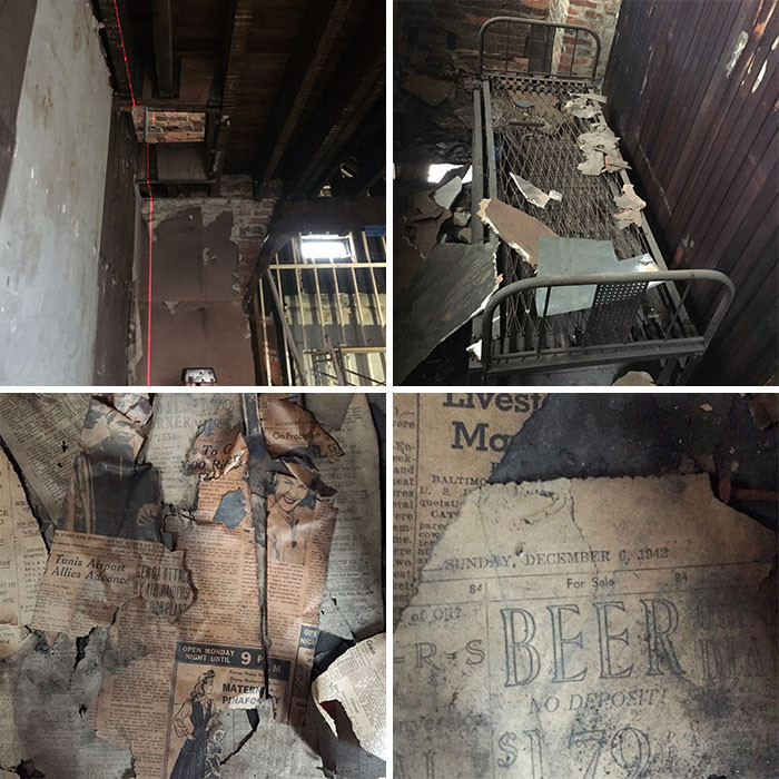 2. This hidden attic was filled with old wartime newspapers, an old bed, and vintage photos on the walls