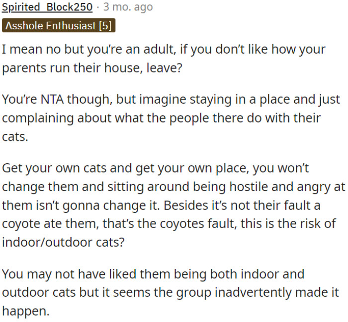 If OP disagrees with her family's decisions, she should assume responsibility for her own cats.