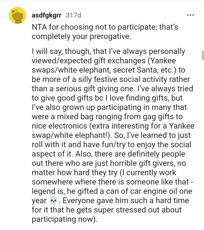 How this Redditor views gift exchange