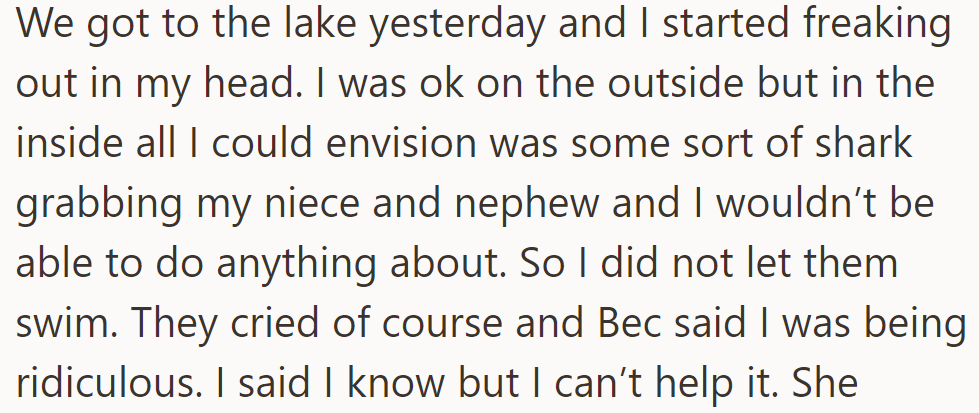 At the Lake, Intense Fear of Sharks Stopped Nieces and Nephews from Swimming, Causing Disagreement with Siblings.