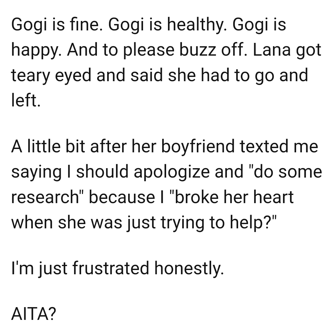 A little while later, her boyfriend texted the OP saying that she should apologize