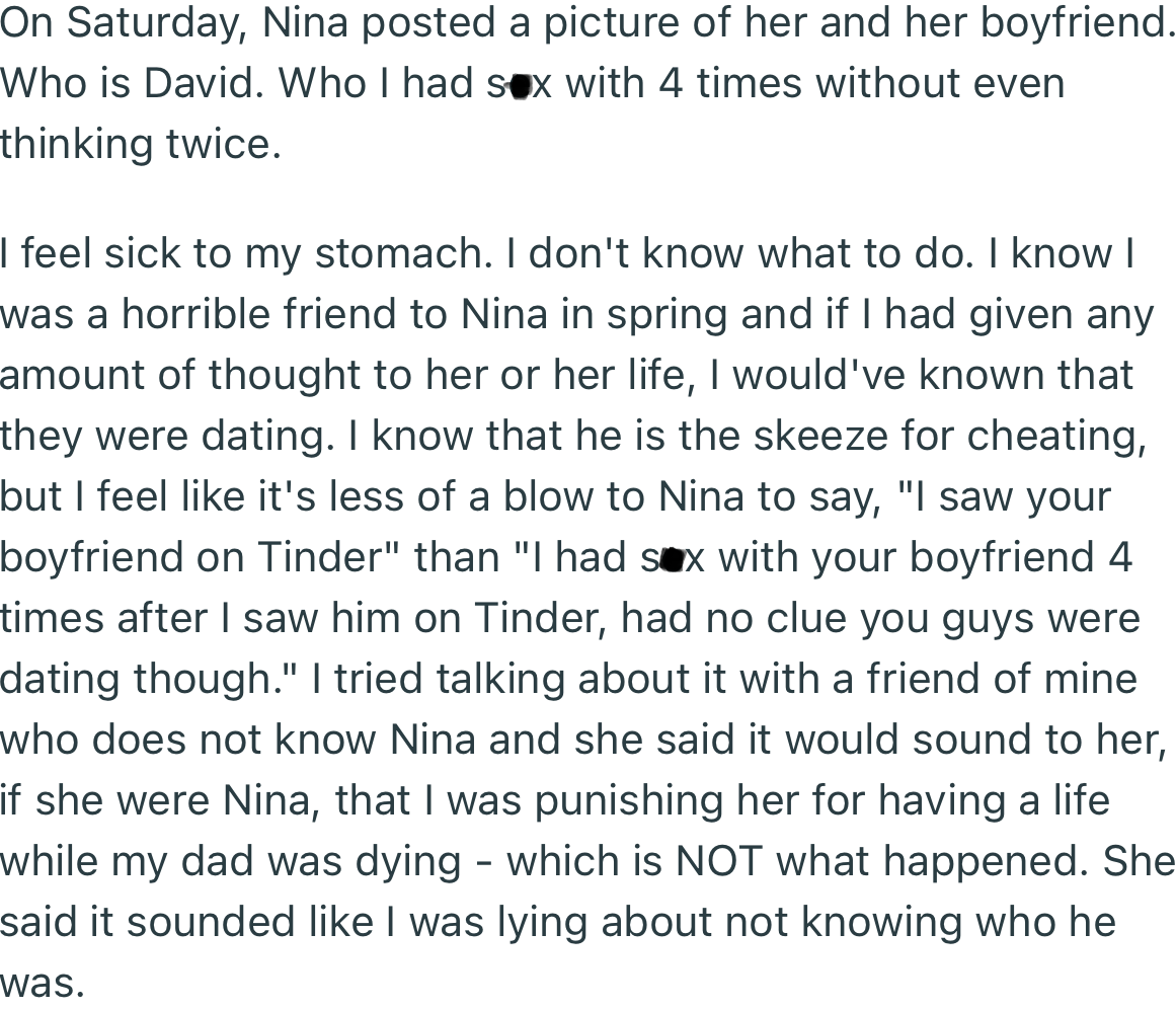 OP’s Friend, Nina, Posted Her Boyfriend, Only for OP to Realize That It Was David. Now, She Doesn’t Know How to Open Up to Nina