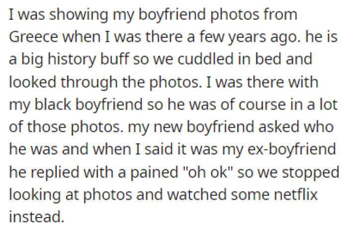 The story starts off with OP showing her boyfriend her photos from her trip to Greece