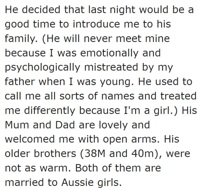 She then goes into detail about how she was going to meet his parents, the dynamics of their family, and how they treated her.