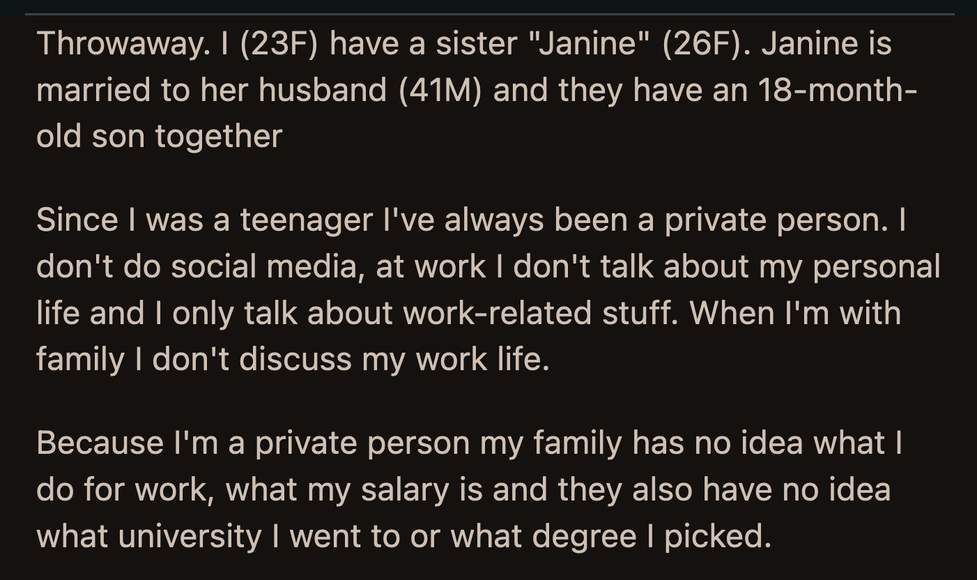 Her coworkers do not know anything about OP's personal life.