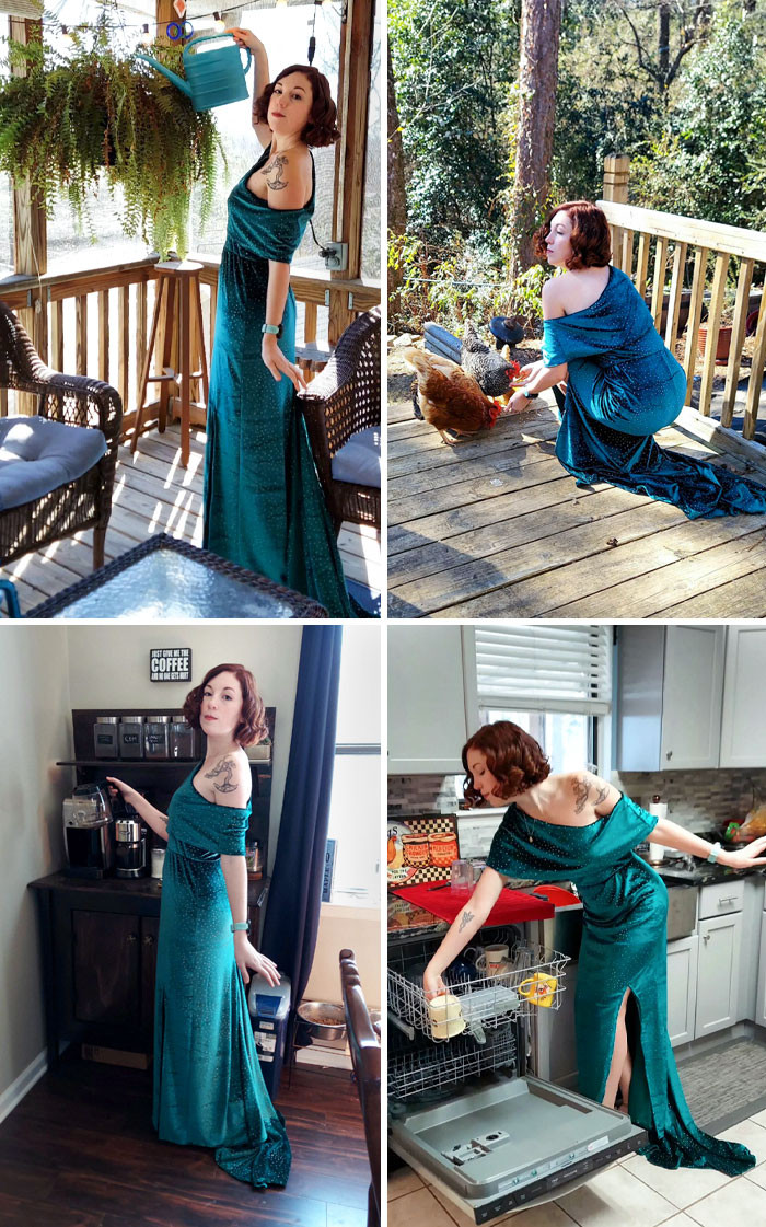 15. This Is What Happens When Your Fancy Event Gets Canceled: Chores In An Evening Gown.