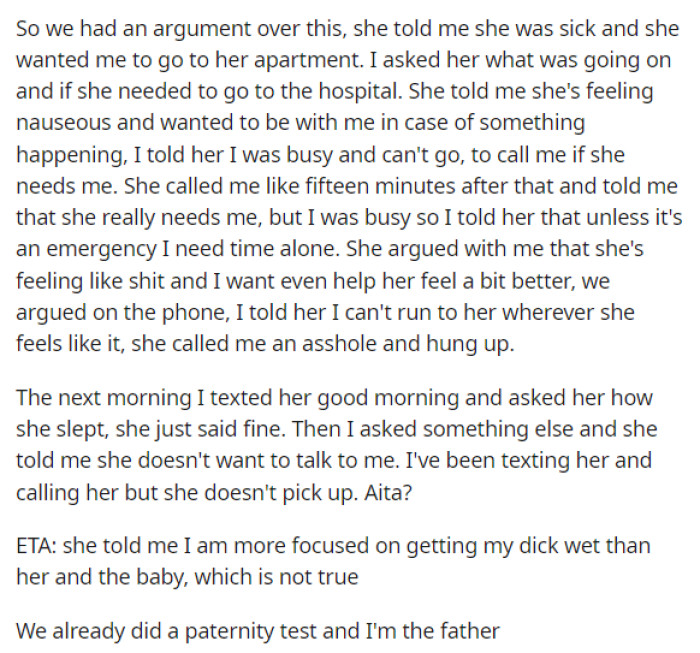 Then he goes into details about what role he's playing and his actual responsibilities when it comes to the mother of his child.