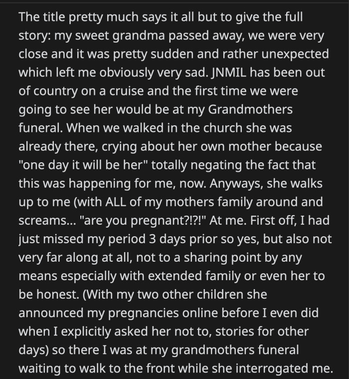 OP decided that she will deny her pregnancy no matter how far along she gets just to get vengeance on her overbearing MIL