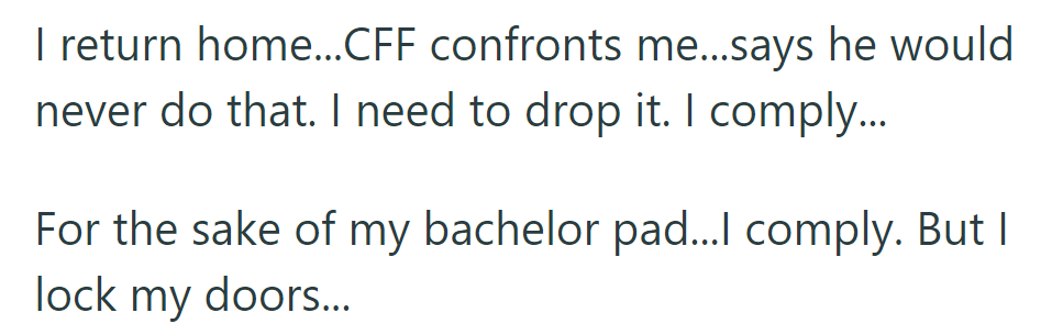 Returning home, CFF confronts her, insisting he would never do it; she complies reluctantly.
