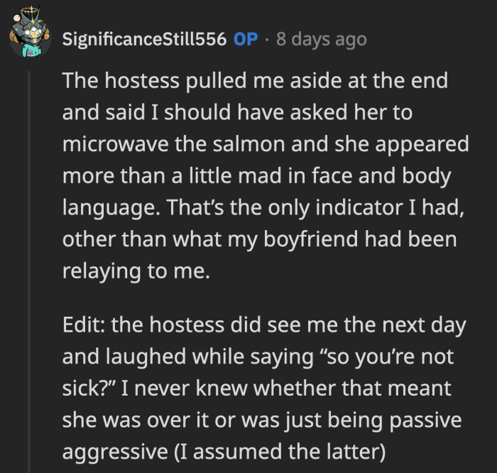 OP mentioned that the hostess pulled him aside and appeared to be mad at him for not eating the salmon