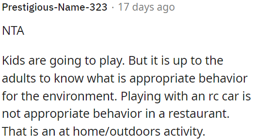 Playing with an RC car isn't suitable for a restaurant; it's for home or outdoors.