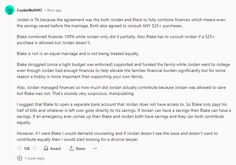 Blake is not in an equal marriage and is not being treated equally.