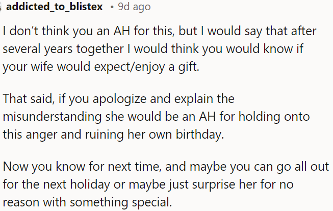 OP is not necessarily in the wrong here, but after years together, he should have a good idea of what his wife would appreciate as a gift.