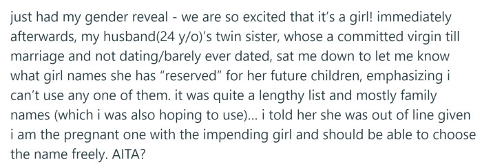 OP is expecting a baby, and her SIL wants to make sure that she stays clear of a few baby names