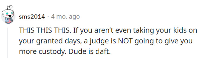 Skipping granted custody days won't boost his case; it's like asking for more fries before finishing the ones on the plate—not a smart move.