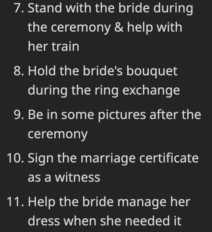 It all seemed very reasonable and aligned with what the bride needed at the actual wedding
