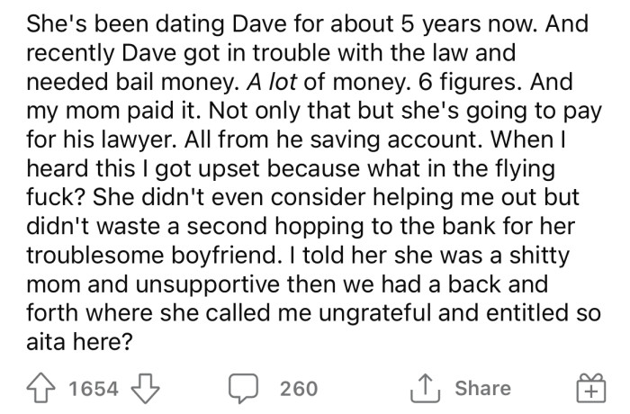 However, when her mom's boyfriend went to jail and she forked out six figures worth of bail money to get him out, understandably, the OP was hurt.