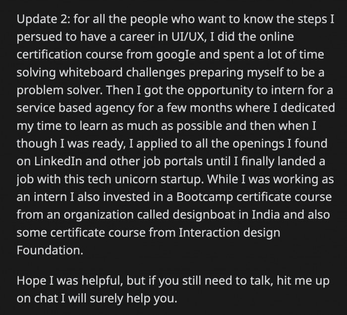 OP also opened his doors to anyone who was looking into a future career in UI/UX