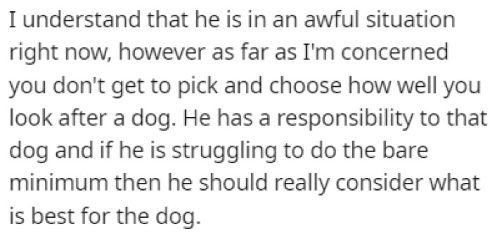 OP understands his situation, but the dog is still a responsibility