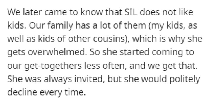 They later found out that the SIL doesn't like kids, and this family has a lot of them