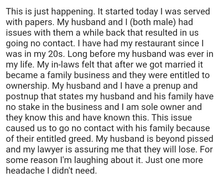 OP's in-laws felt that after they got married, his restaurant became a family business