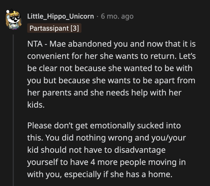 Mae's return was prompted by her need for childcare. She didn't go back because she wanted to reconnect with her relatives.
