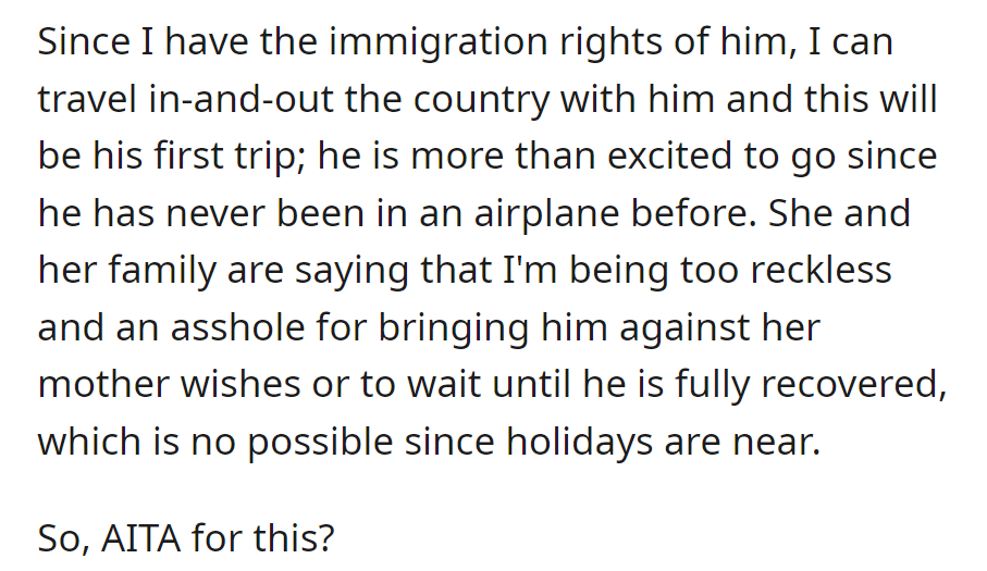 Since they are planning their child's first trip against the ex's wishes, they are being criticized for recklessness. Are they TA?